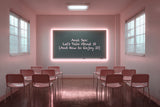 A pink classroom with a blackboard that reads "Anal Sex: Let's talk about it and how to enjoy it