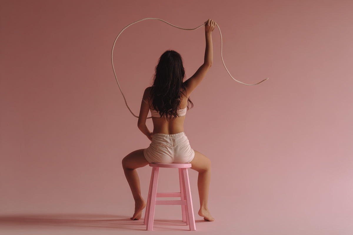 Woman sitting in pink room with a lasso above her head
