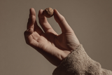 A hand holding a nut against a brown background.