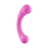 Side profile view of the pink Aluna Mini dual-ended vibrator, showing its ergonomic curve with the thumper on top and the vibrating end on the bottom.