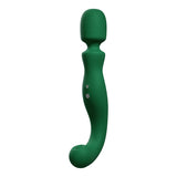 Front view of the green Naya Wand double-sided vibrator, showing the broad wand head, control buttons, and curved G-spot thumper.