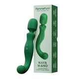 The green Naya Wand dual-ended vibrator displayed next to its official FemmeFunn retail packaging.
