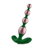 A product shot of the FemmeFunn Bougie Beads, showing its four metallic rose-gold graduated beads and a green silicone handle against a white background.