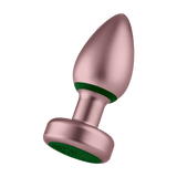 A side-profile view of the FemmeFunn Bougie Plug, showing its metallic rose-gold tapered body, slim neck, and flared safety base.