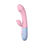 Full product view of the FemmeFunn ffix Rabbit vibrator in light pink and blue.