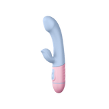 Full product view of the FemmeFunn ffix Rabbit vibrator in light blue and pink.