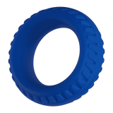 Close-up of the Forto F-12 textured silicone cock ring in blue.