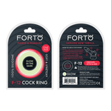 Product packaging for the Forto F-12 textured silicone cock ring.