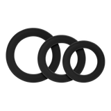 Forto F-61 3-piece silicone cock ring set in black, showing three graduated sizes.