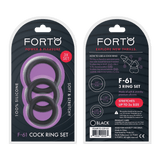 Packaging for the Forto F-61 3-piece silicone cock ring set.