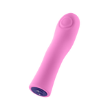 Full product view of the FemmeFunn Hana Bullet vibrator in pink, showing its ergonomic, curved design.