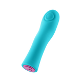 Full product view of the FemmeFunn Hana Bullet vibrator in turquoise, showing its ergonomic, curved design.