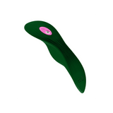 Product shot of the dark green FemmeFunn Unda panty vibrator against a white background, showing its curved shape.