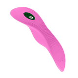 Product shot of the pink FemmeFunn Unda panty vibrator against a white background, showing its curved shape.