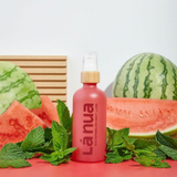 A lifestyle image showing a bottle of La Nua's Watermelon Mint lube next to fresh watermelon slices and mint leaves.