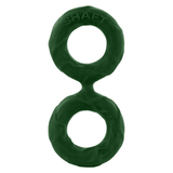 A vibrant green silicone double cock ring, featuring two connected circular loops, viewed from the side.
