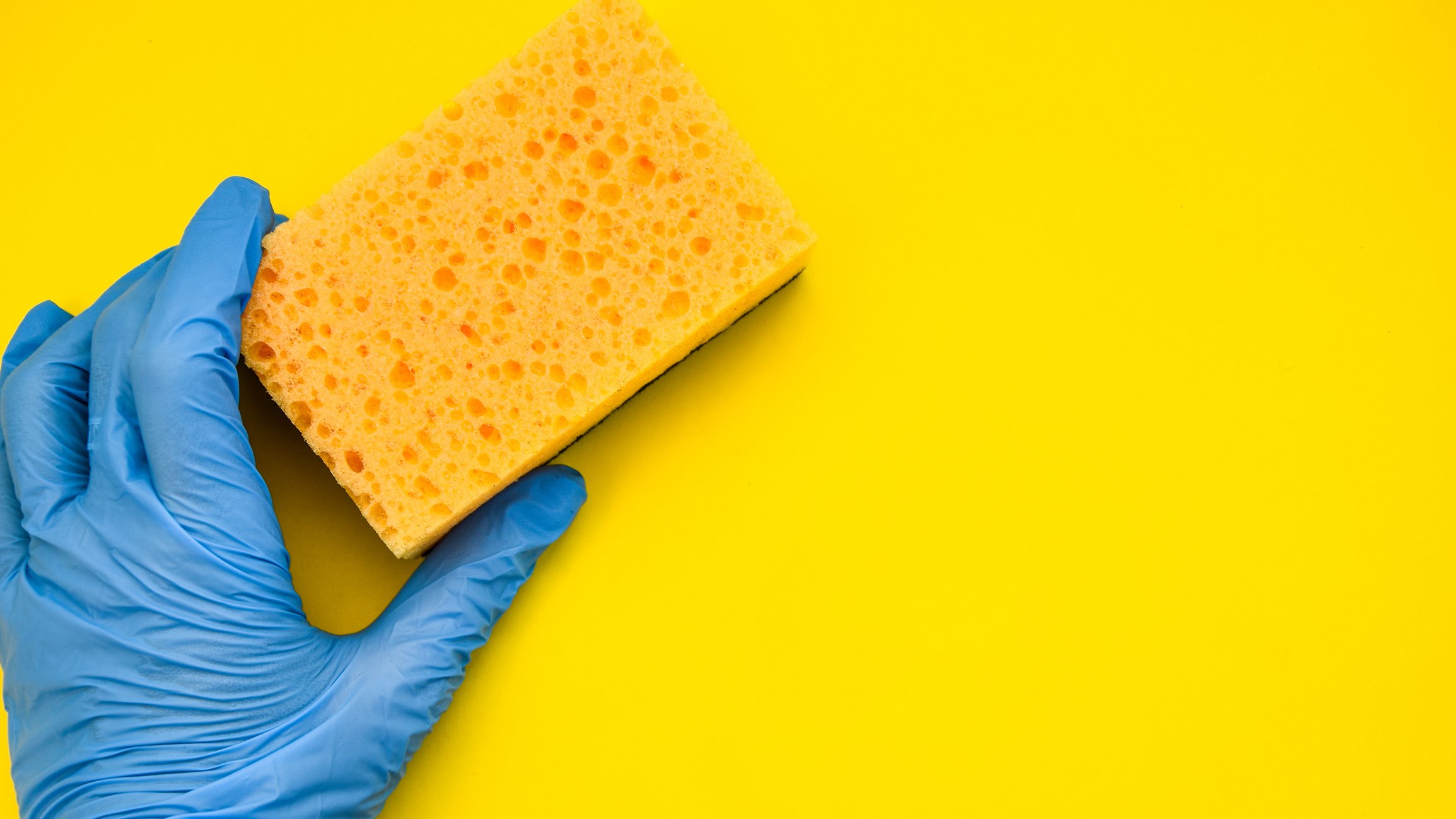 person holding a sponge against a yellow background